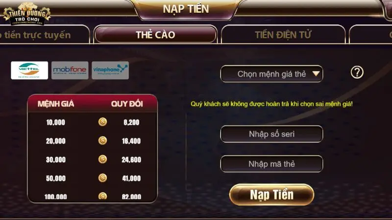 Hướng dẫn nạp tiền Thiên Đường Trò Chơi bằng thẻ cào điện thoại