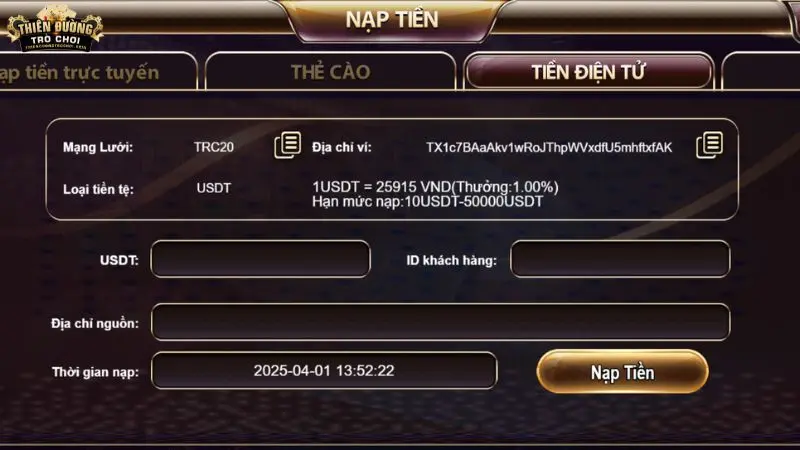 Hướng dẫn nạp tiền Thiên Đường Trò Chơi bằng tiền điện tử